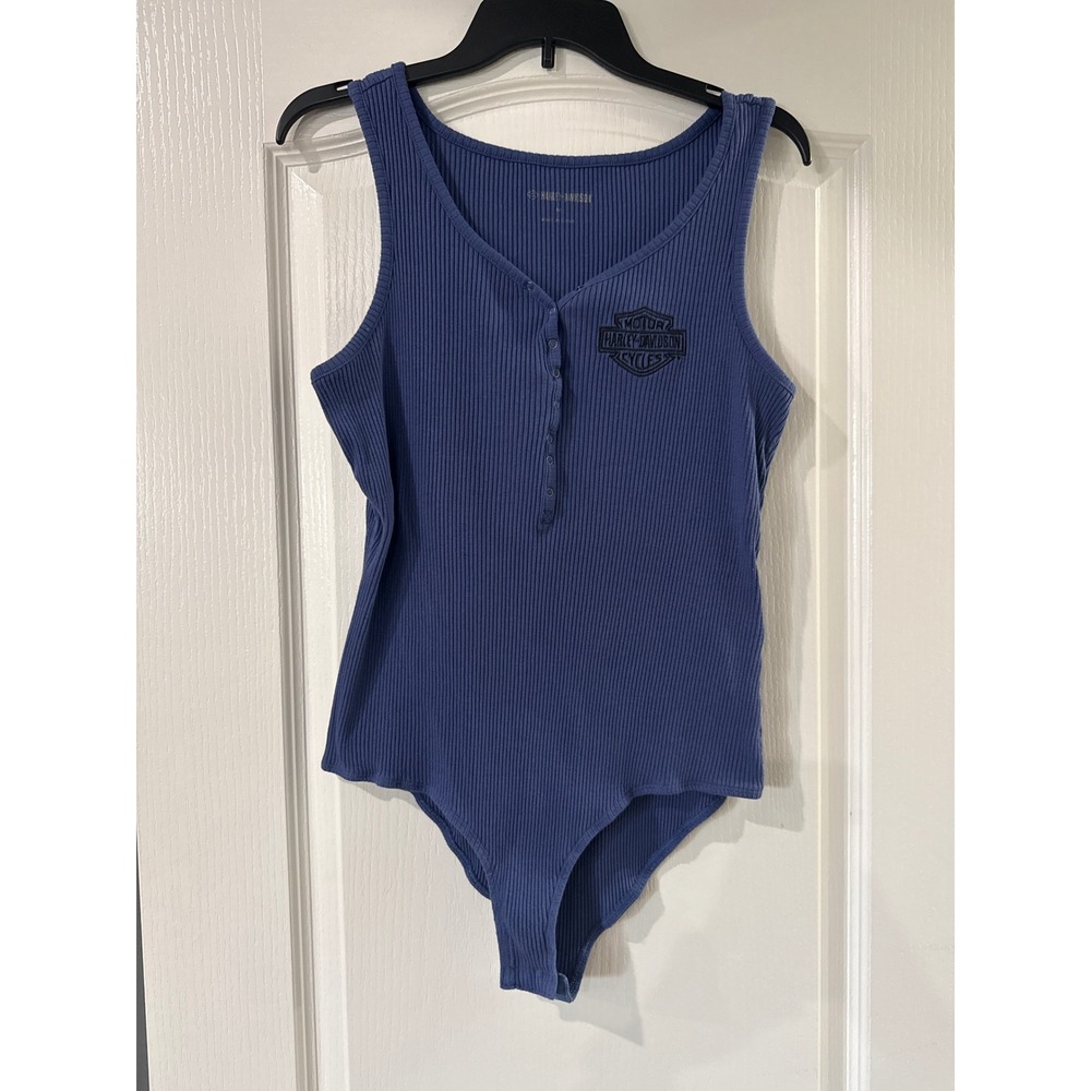 Harley-Davidson Blue Ribbed Henley Bodysuit Sleeveless Logo Medium